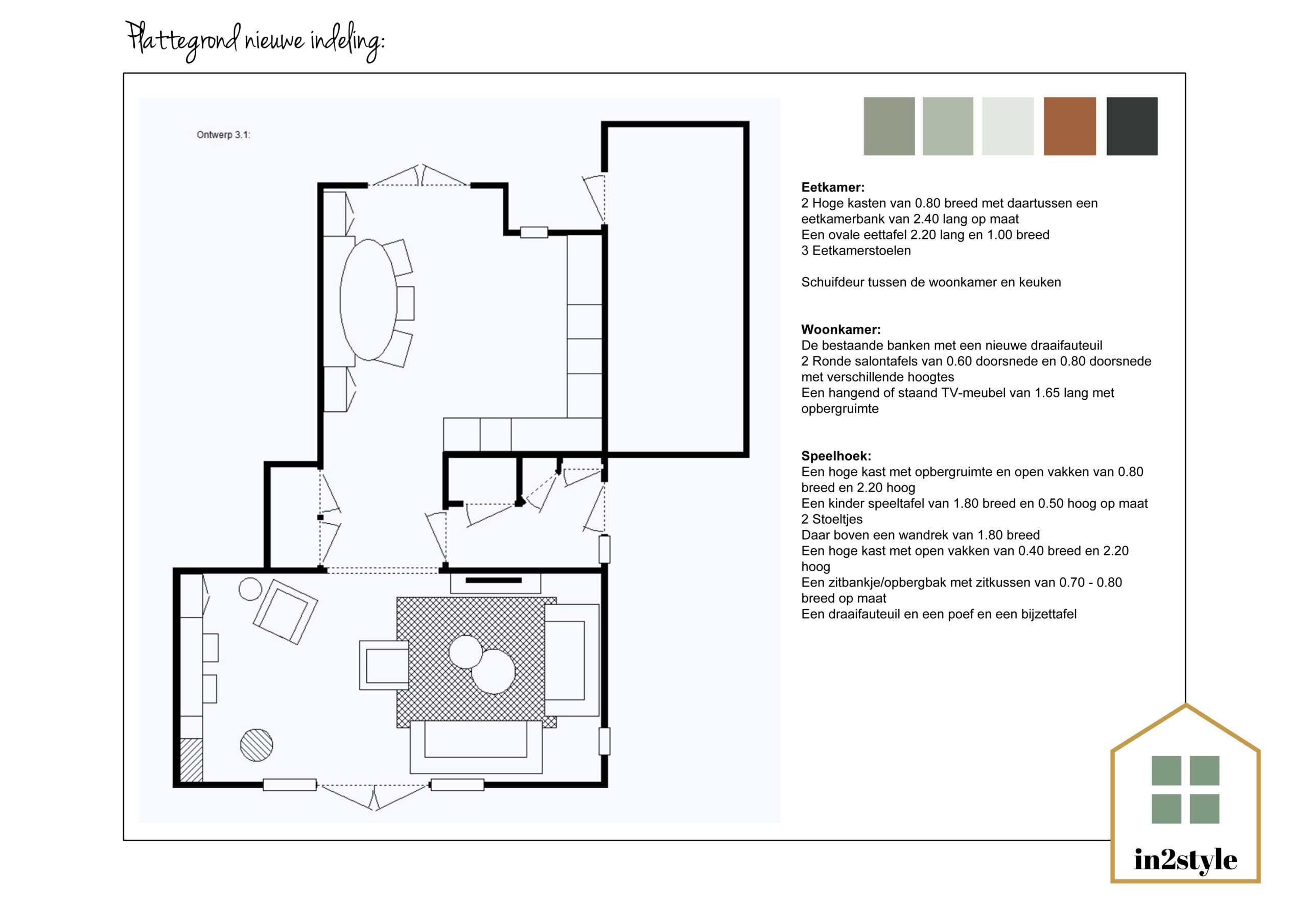 In2style interieuradvies.<br />
Ontwerp nieuwe indeling woonkamer, speelhoek en keuken